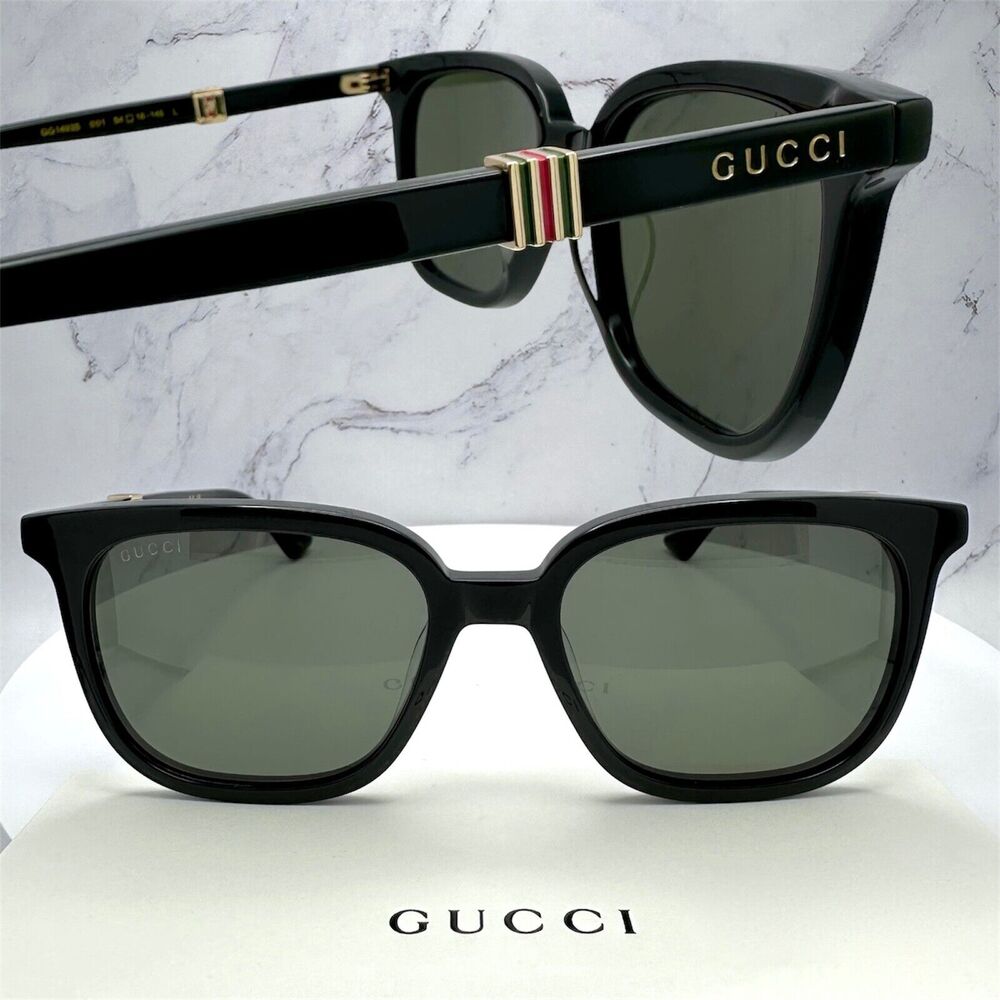 Gucci Sunglasses Mens Black Enamel & Metal Web Red Green Gold 54mm Italy